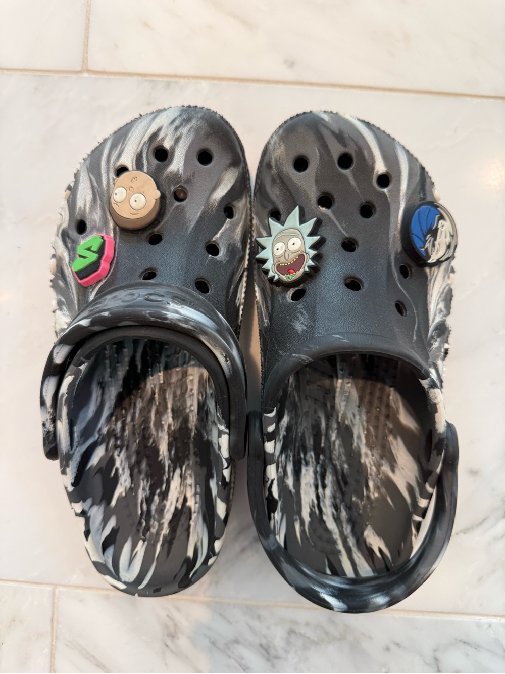 Black & White Marble CROCS with Rick & Morty Character Charms M5/W7